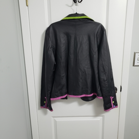 METROSTYLE Leather Jacket with Colorful Trim and Buttons - Picture 4 of 9
